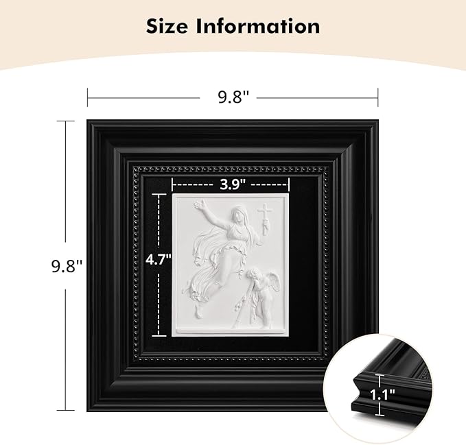 FOLKOR LIFE Framed Black and White Wall Art Sculpture for Vintage Decor, Christianity Framed Plaster Relief Hanging Sculpture for Wall Decor, Room, Office, Hallway, Entryways Decoration