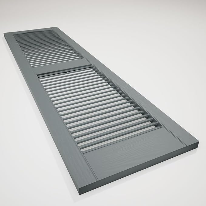 12"W x 67"H Lifetime Vinyl, Standard Cathedral Top Center Mullion, Open Louver Shutters, w/Installation Shutter-Lok's & Matching Screws (Per Pair), Storm Cloud