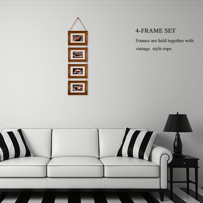 DLQuarts 5x7 Hanging Collage Picture Frames Wall Decor, 4-Opening 5x7 Matted to 3.5x5 Photo Rustic Wood Frame with Hemp Rope, 1 Pack, Dark Walnut