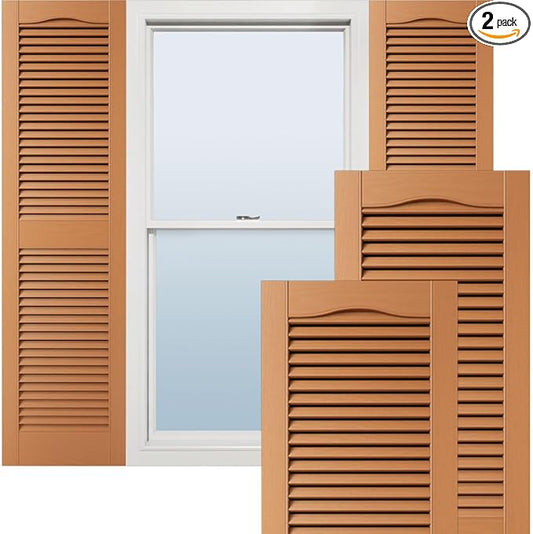 12"W x 80"H Lifetime Vinyl, Standard Cathedral Top Center Mullion, Open Louver Shutters, w/Installation Shutter-Lok's & Matching Screws (Per Pair), Treated Cedar