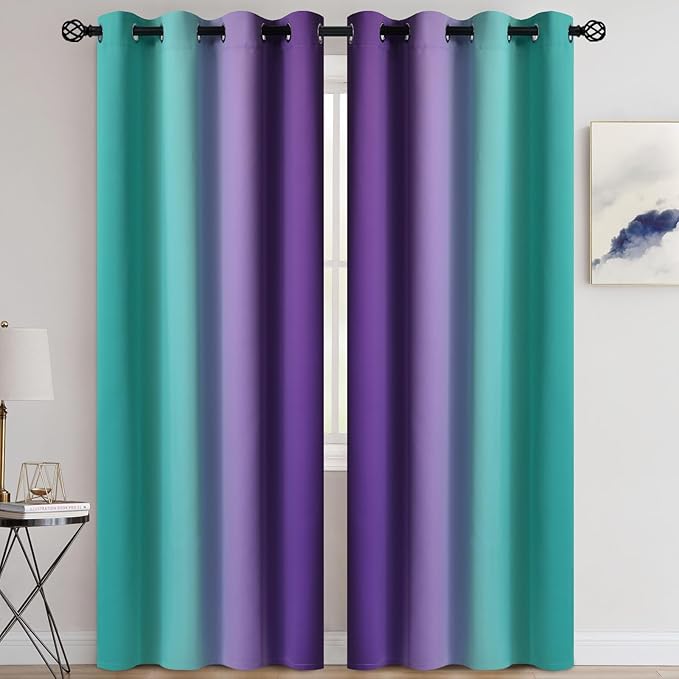 COSVIYA Curtains & Drapes Teal and Purple Curtains 90 inches Long 2 Panels, Grommet Polyester Light Blocking Ombre Window Panels for Bedroom/Living Room,52x90 inches