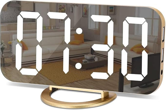 SZELAM Digital Alarm Clock,LED and Mirror Desk Clock Large Display,with Dual USB Charger Ports,3 Levels Brightness,12/24H,Modern Electronic Clock for Bedroom Home Living Room Office - Gold by SZELAM