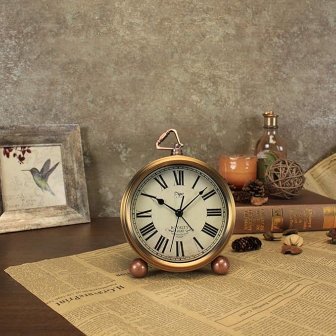 Maxspace Metal Golden Table Clock, Retro Vintage Non-Ticking Small Alarm Clock,Battery Operated Silent Quartz Movement HD Glass Desk Clock for Bedroom Living Room Indoor Decoration Kids?€? (Roman2)