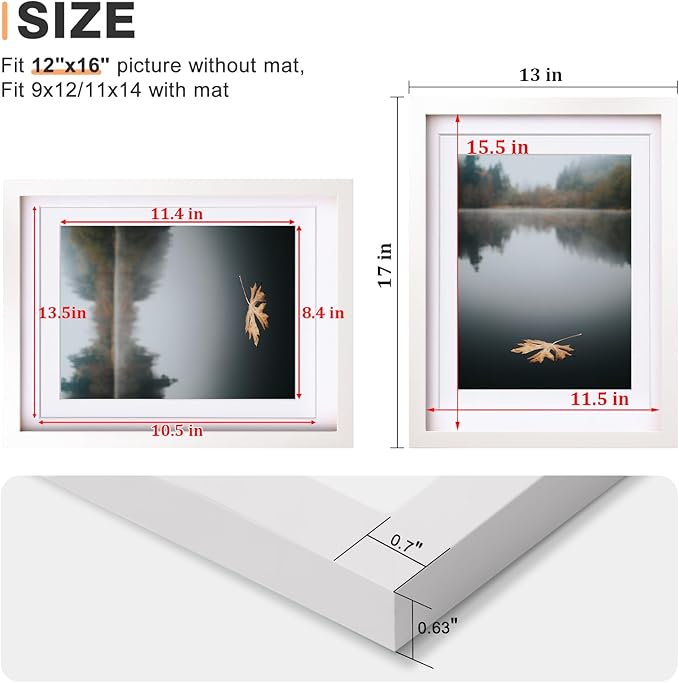 Egofine 12x16 Picture Frames White Set of 2, Solid Wood Frames Covered by plexiglass, Display photos 9x12/11x14 with Mat or 12x16 without mat, for Wall Mounting