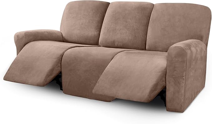 ULTICOR Velvet 8-Pieces Recliner Sofa Covers Stretch Reclining Couch Covers for 3 Cushion Reclining Sofa Slipcovers Furniture Covers Thick Soft Washable (3 Seater Recliner Cover, Sand)