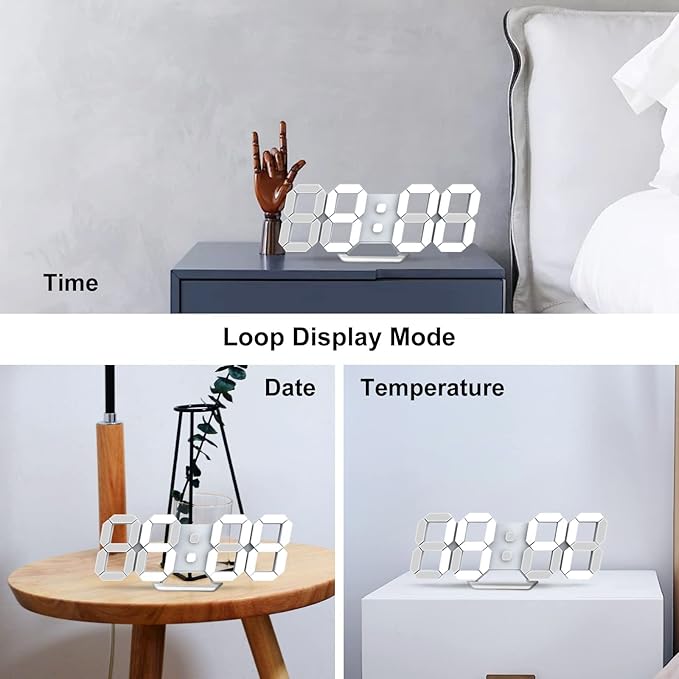 Deeyaple LED Clock, 3D Digital Wall & Desk Alarm Clock with Snooze, Dimmable Display, Time Memory, 12/24H Date & Temperature, Remote Control Night Light for Bedroom, Office, Kitchen, Home (White)