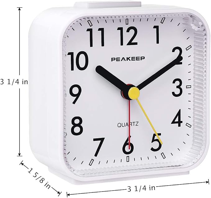 Peakeep Small Battery Operated Analog Travel Alarm Clock Silent | No Ticking, Lighted on Demand and Snooze, Beep Sounds, Gentle Wake, Ascending Alarm, Easy Set (White) - Image 7