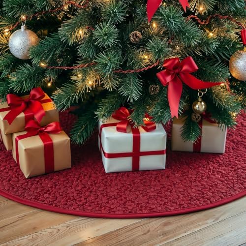 Skylety 48'' Christmas Tree Skirt Rug Embossing Xmas Tree Skirt, Red - Image 3