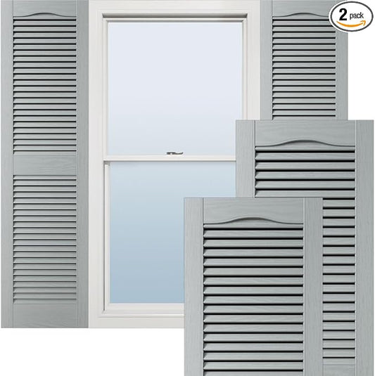 12"W x 75"H Lifetime Vinyl, Standard Cathedral Top Center Mullion, Open Louver Shutters, w/Installation Shutter-Lok's & Matching Screws (Per Pair), Platinum