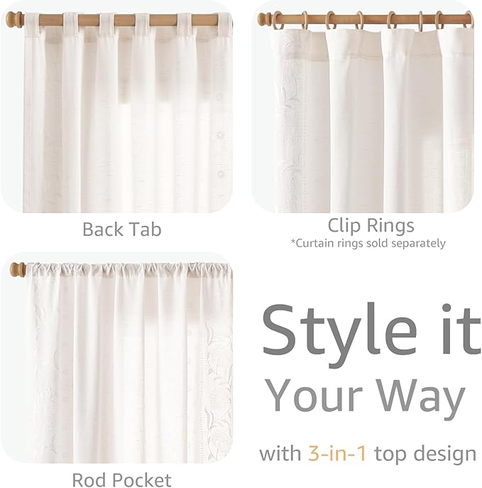 jinchan Winslow White Linen Curtains for Bedroom 108 Inches Length Embroidered Bordered Floral Curtains for Living Room Farmhouse Decor Light Filtering Window Treatments White on White Drapes 2 Panels