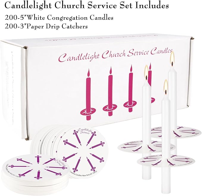 200 White Church Candles with Drip Protectors - 5-Inch Unscented Devotional Candles for Candlelight Vigil & Prayer Services, No Smoke Clean Burning Taper Candles in Bulk