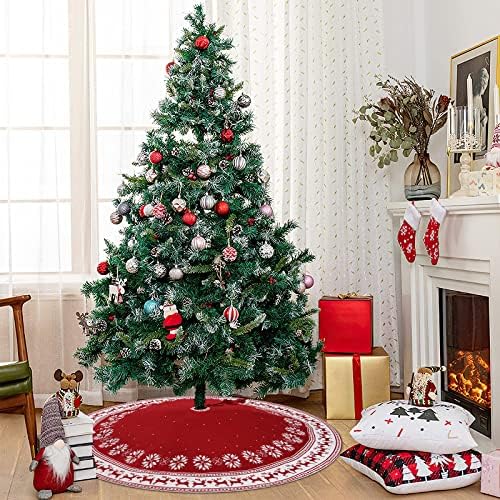 Dremisland Christmas Tree Skirt Rustic Knit Christmas Tree Mat 36In Red - Image 5