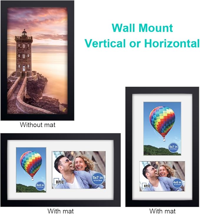 RPJC 8x14 Soild Wood 2 Opening Picture frames with High Definition Glass Display 4x6 and 5x7 with Mat or 8x14 Without Mat for Wall Mounting Hanging Collage Photo Frame Black