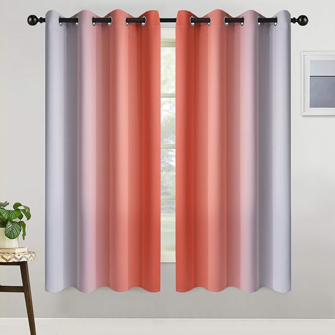COSVIYA Grommet Ombre Room Darkening Curtains 63 inch Length, Coral and Greyish White Gradient Drapes Light Blocking Insulated Thermal Window Curtains for Bedroom/Living Room,2 Panels,52x63 inches