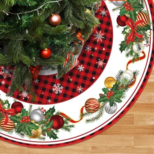 Blosssound Christmas Tree Skirt Buffalo Plaid,48 Inch,Bell,Red, Black by Blosssound