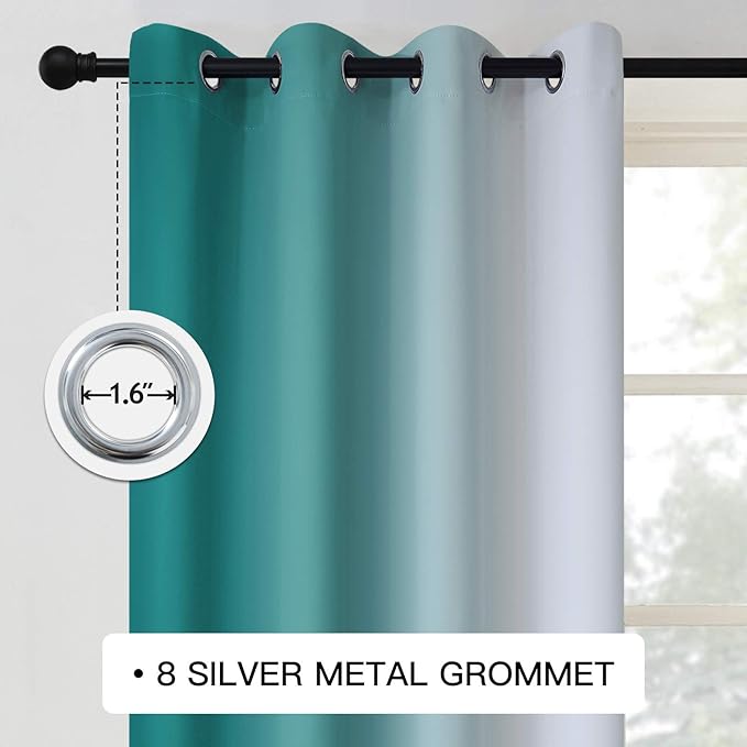 COSVIYA Grommet Ombre Room Darkening Curtains 84 inch Length 2 Panels, Teal and Grayish White Gradient Drapes Light Blocking Insulated Thermal Window Curtains for Bedroom/Living Room,52x84 inches