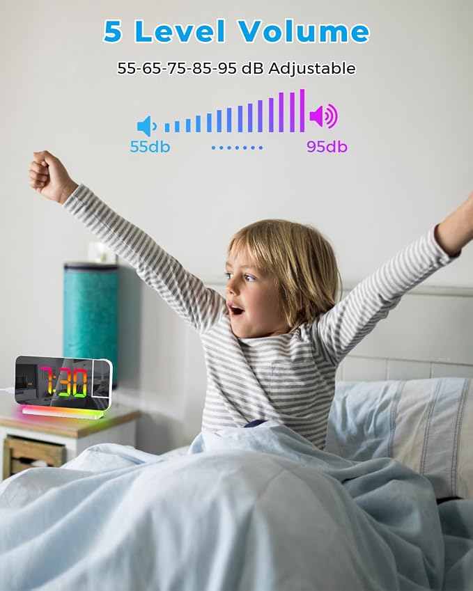 SZELAM Projection Alarm Clock,7.4" LED Mirror Digital Clocks Large Display,with 180° Rotatable Projector,RGB Night Light,USB C Port,Auto Dimming,Modern Desk Clock for Bedroom Decor - White - Image 7