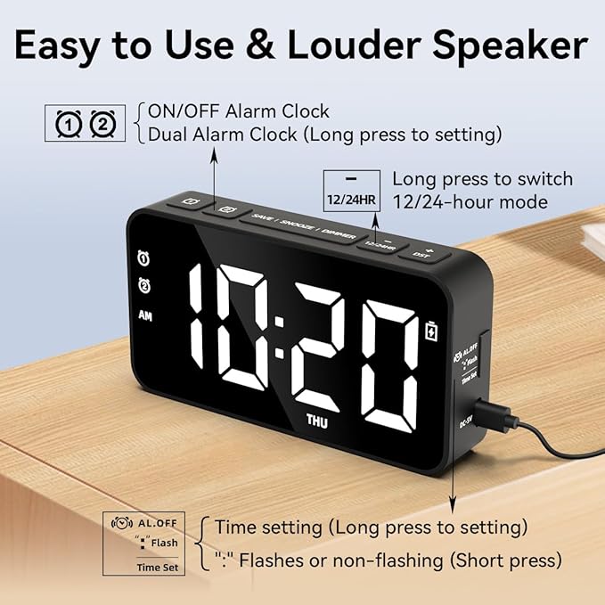 Plug in Digital Alarm Clocks with Rechargeable Backup Battery for Bedrooms Living Room Study Loud Bedside Desk Clock with Memory Function Dual Alarm 3 Modes Weekends Weekdays Every Day for Kids Adults - Image 3