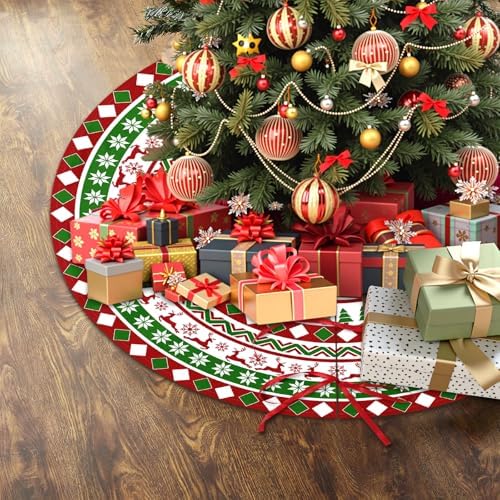 Christmas Decorations Tree Skirt 36 Inch Snowflake Reindeer Red White and Green Xmas Trees Skirts Mat Winter Holiday Party Ornament Indoor Outdoor Rustic Farmhouse Decoration - Image 3