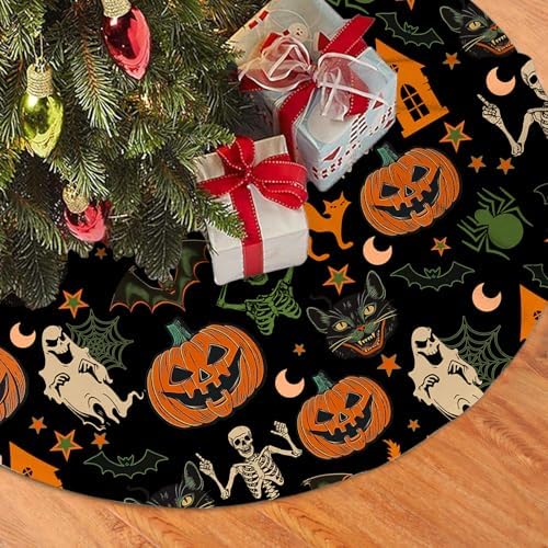 Halloween Tree Skirt 36Inch Pumpkins Ghosts Halloween Christmas Tree Decorations Skulls Spider Cat Black Tree Skirt for Fall Holiday Party Home Decor - Image 3