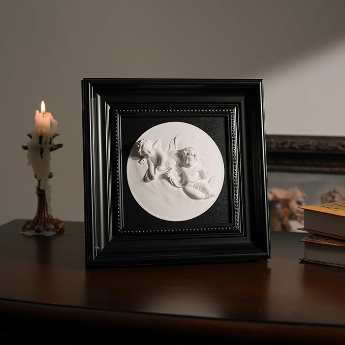 FOLKOR LIFE Framed Black and White Wall Art Sculpture with Cherub Angels for Vintage Decor, Antique Greek Mythology Framed Plaster Relief Wall Decor for Room, Hallway, Entryways Decoration