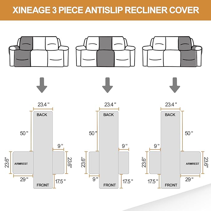XINEAGE Water Resistant Recliner Cover, 3 Seat Sofa Covers with Pockets, Quilted Thick Protector Cover for Dog Pets with Non Slip Backing and Strap (Black)
