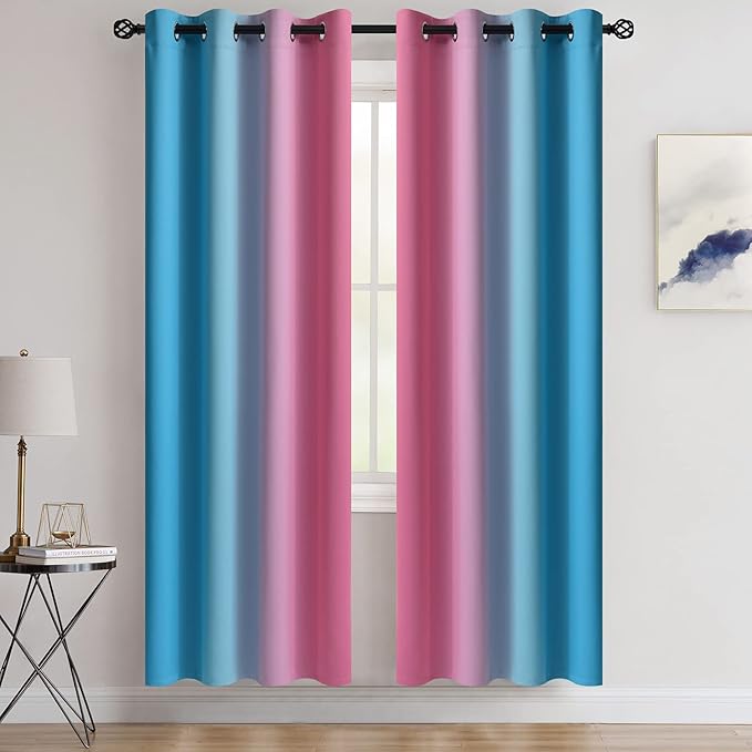 COSVIYA Grommet Ombre Room Darkening Curtains 72 inches Length for Kids/Girls Bedroom, Polyester Light Blocking Pink and Blue Gradient Window Drapes/Curtains for Living Room,2 Panels, 52x72 inches