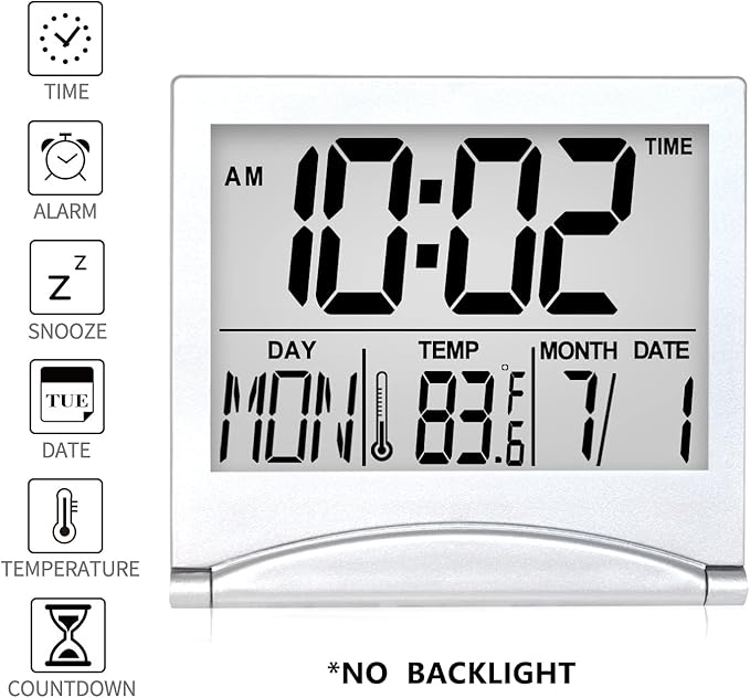 Betus Digital Travel Alarm Clock - Foldable Calendar Temperature Timer LCD Clock with Snooze Mode - Large Number Display, Battery Operated - Compact Desk Clock(Silver, No Backlight)