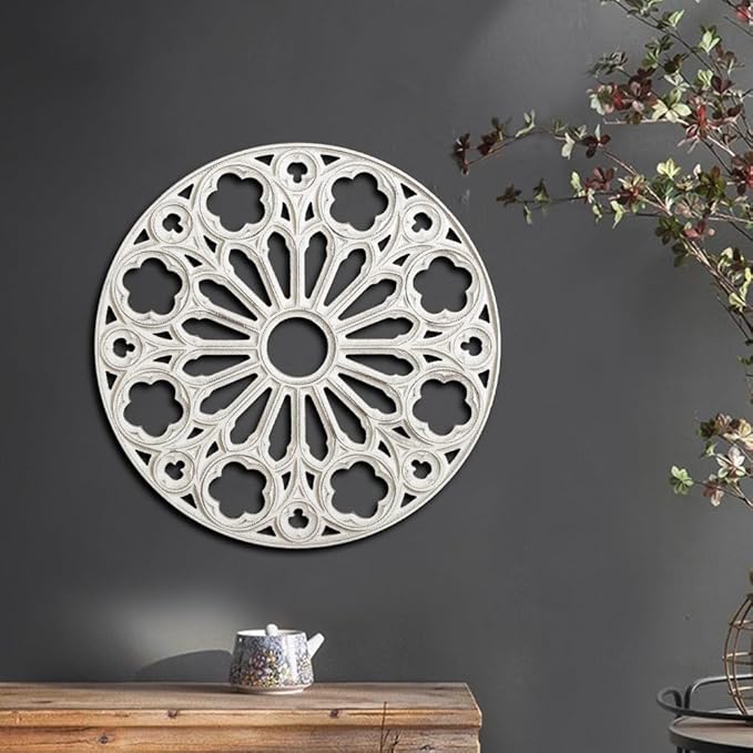 XIAOAIKA Wood Round Decorative Wall Sculpture, Hand-Carved Floral Geometric Design with Distressed White Finish, Vintage Farmhouse Boho Wall Art for Living Room Bedroom Hallway, 24 Inch