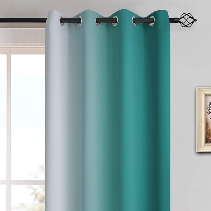 Yakamok Teal and Greyish White Ombre Curtains 63 Inch Length, Light Blocking Gradient Color Curtains, Room Darkening Thermal Insulated Grommet Window Drapes for Bedroom (2 Panels, 52x63 Inch)