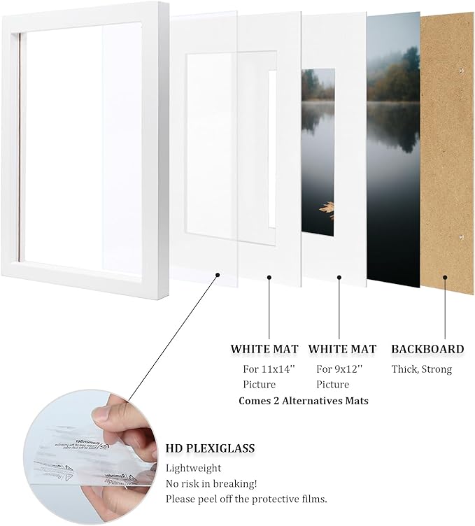 Egofine 12x16 Picture Frames White Set of 2, Solid Wood Frames Covered by plexiglass, Display photos 9x12/11x14 with Mat or 12x16 without mat, for Wall Mounting