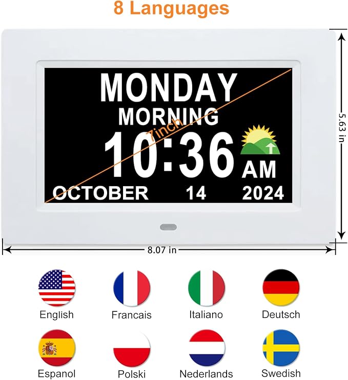 SSINI Digital Calendar Dementia Alarm Clock with Day and Date for Elderly - 15 Alarms 5 Colors Display Digital Clock Large Display Alzheimers Large Digital Clock for Seniors (7in White) - Image 8