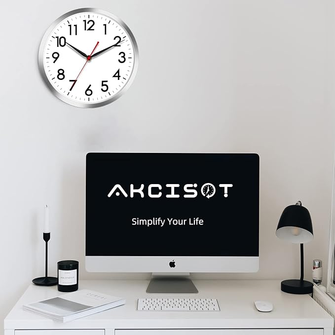 AKCISOT Wall Clock 14 Inch Large Silent Wall Clocks Battery Operated, Silver Modern Non-Ticking Clock Decorative for Living Room,Kitchen,Bathroom,Bedroom,Office,Home,Classroom,School