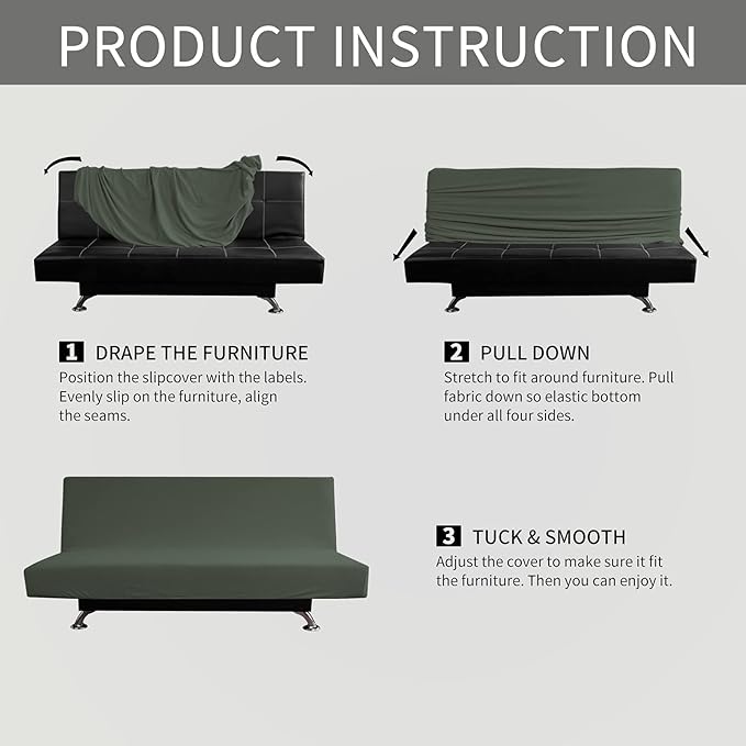 Easy-Going Stretch Futon Slipcover Armless Futon Bed Cover Furniture Protector Without Armrests with Elastic Bottom for Kids, Soft Jacquard Fabric Small Checks (Medium, Olive Green)