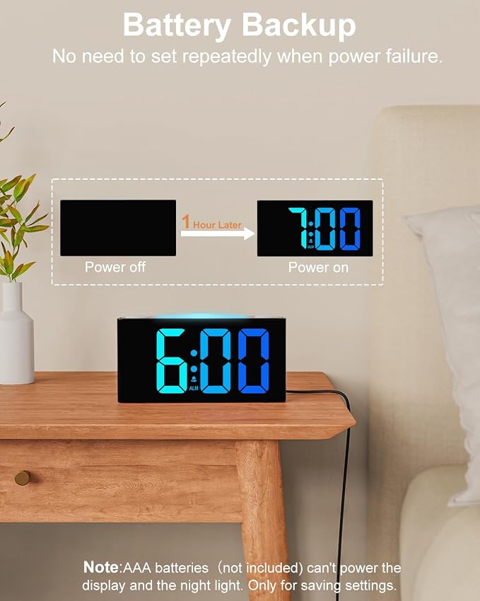Mesqool Digital Alarm Clock for Bedrooms - Plug-in LED Clock with Dynamic RGB Digits, Dimmable Display & Night Light, 7 Color Options, Adjustable Alarm Volume, DST, 12/24 Hour - Ideal for Kids - Image 5