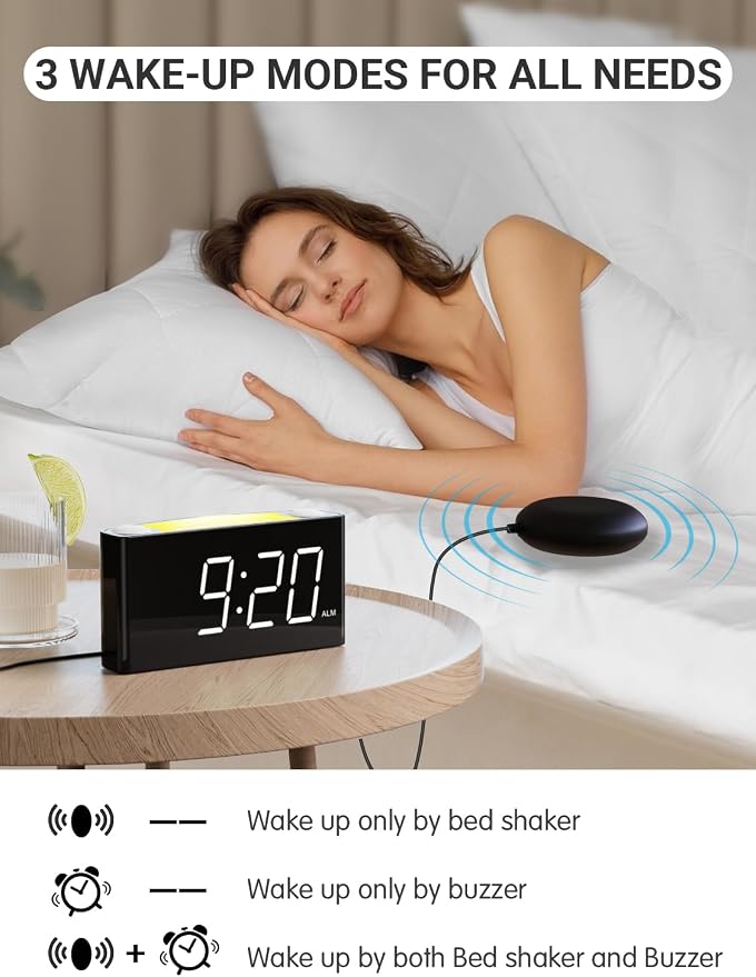 Vibrating Alarm Clock for Heavy Sleepers – Loud Alarm with Bed Shaker, 3 Wake Modes, Large 7.5” Display, 5-Level Dimmer, USB & Type-C Charging, Plug-in with Battery Backup for Bedroom, Teens & Deaf - Image 3