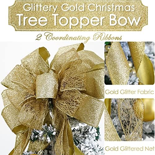 MEEDEE Gold Glitter Christmas Tree Topper - 12" Wide Snowflake Ribbon Bow - Large Gold Bows for Christmas Tree Decoration (1 Pack) - Image 2