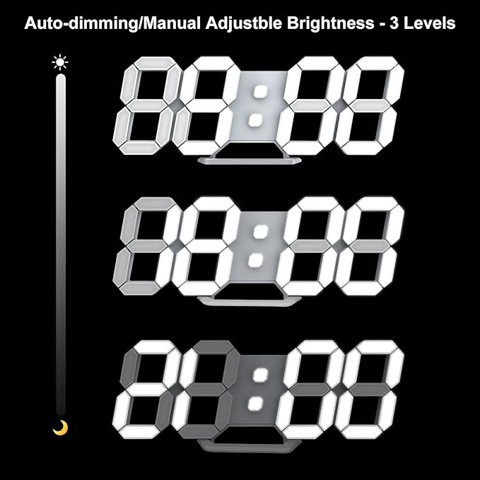 Deeyaple LED Clock, 3D Digital Wall & Desk Alarm Clock with Snooze, Dimmable Display, Time Memory, 12/24H Date & Temperature, Remote Control Night Light for Bedroom, Office, Kitchen, Home (White)