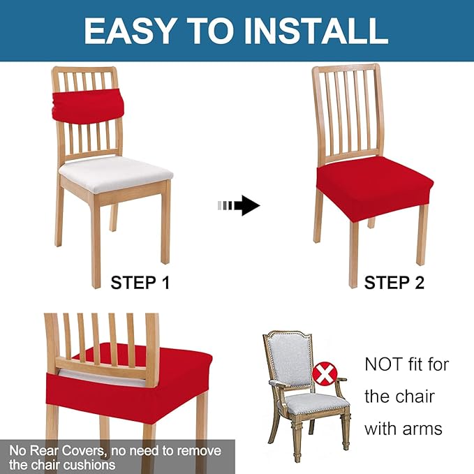 Smiry Waterproof Seat Covers for Dining Room Chairs Set of 8, Stretch Jacquard Removable Washable Chair Seat Slipcovers Protector, No Rear Covers, Red