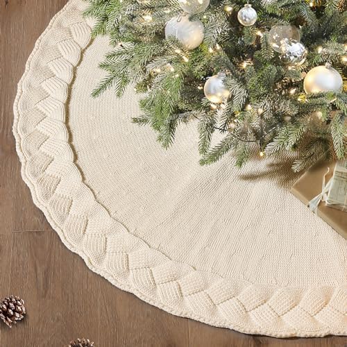 NIBESSER Knit Christmas Tree Skirt White 48" - Ivory Knitted Mat for Christmas Decorations, Yarn Thick Rustic Cable Knit Tree Skirt for Home Party Ornaments by NIBESSER