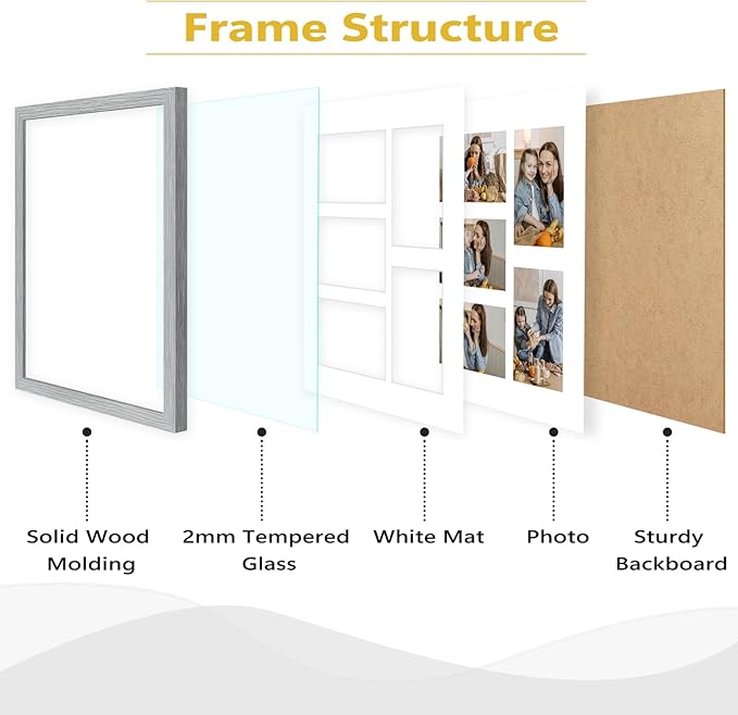 Golden State Art, 11x14 Grey Wooden Frame with White Mat - Displays Five 4x6 Photos - Real Glass, Sawtooth Hangers, Flexible Metal Tabs - Wall Mounting, Landscape, Portrait