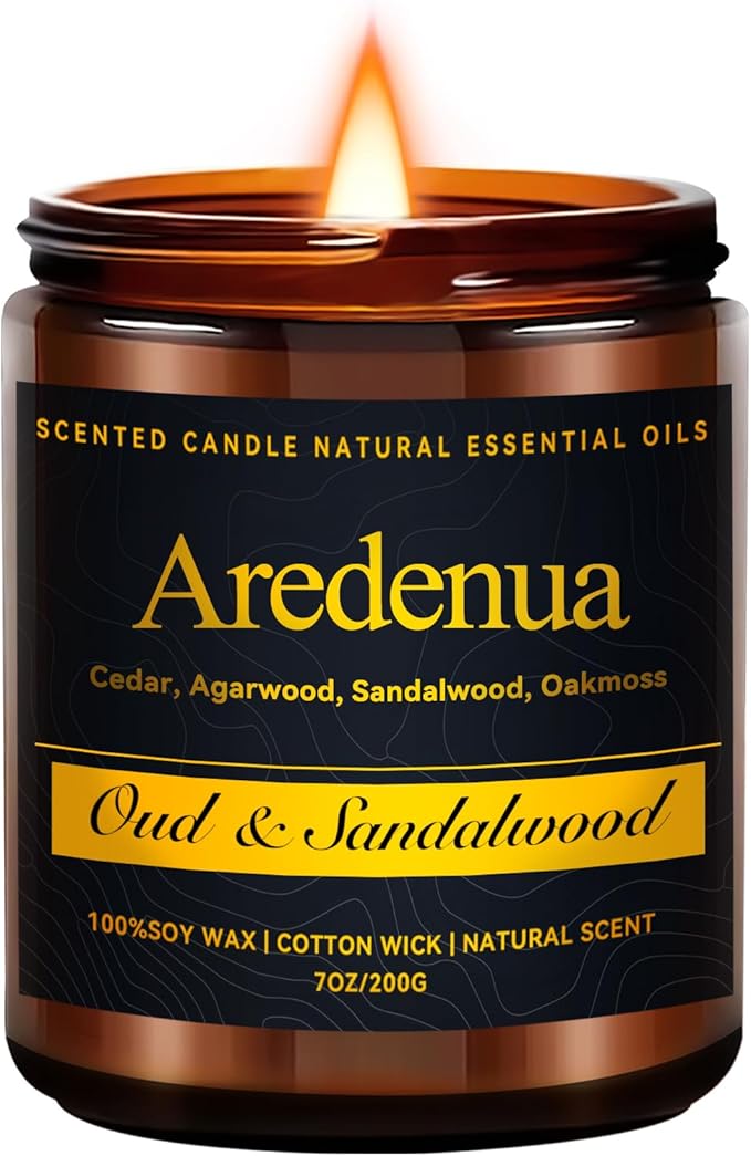Oud & Sandalwood Candle for Meditation - Luxury Soy Candle for Home, Long Lasting Woody Aroma for Stress Relief & Calm, Hand Poured Scented Candle for Men & Women - Elegant Minimalist Home Decor