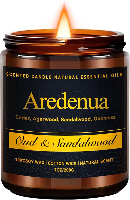 Oud & Sandalwood Candle for Meditation - Luxury Soy Candle for Home, Long Lasting Woody Aroma for Stress Relief & Calm, Hand Poured Scented Candle for Men & Women - Elegant Minimalist Home Decor