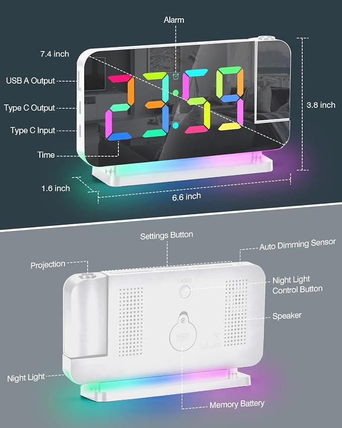 SZELAM Projection Alarm Clock,7.4" LED Mirror Digital Clocks Large Display,with 180° Rotatable Projector,RGB Night Light,USB C Port,Auto Dimming,Modern Desk Clock for Bedroom Decor - White - Image 9