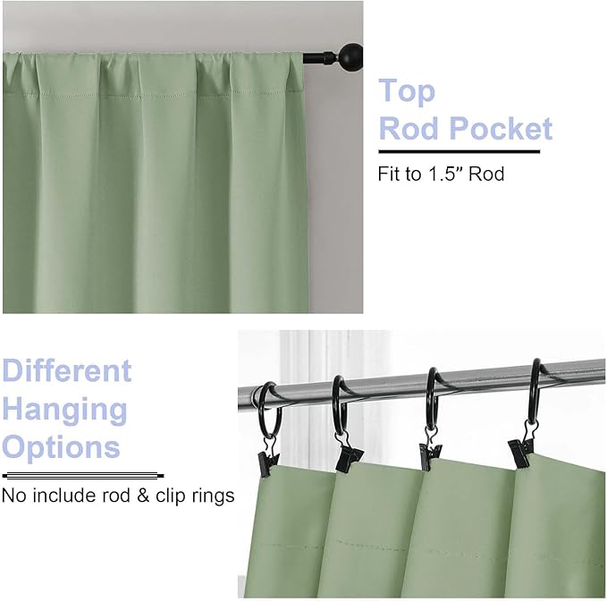 Simplebrand Ava Light Green Blackout Curtains for Bedroom 96 Inches Long 2 Panels, Solid Thermal Insulated, Energy Saving Nursery Window Treatment Curtains Blackout Drapes, W40 x L96 Inch, Light Green