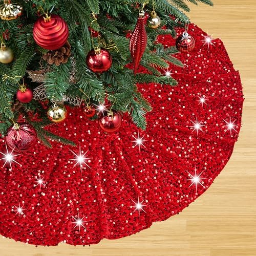 Red Christmas Tree Skirt 48 Inch Red Velvet Sequin Tree Skirt Tree Skirt Cover Large Xmas Tree Skirts for Christmas Tree Decorations by LJIE-House