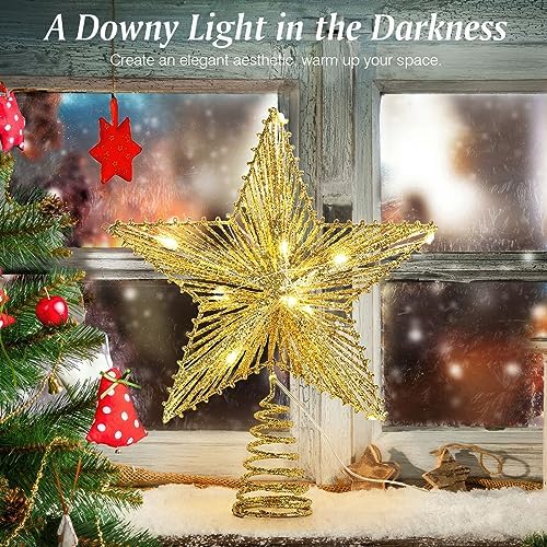 Lewondr Lighted Christmas Star Tree Topper with Remote & Timer, Shiny Gold - Image 2
