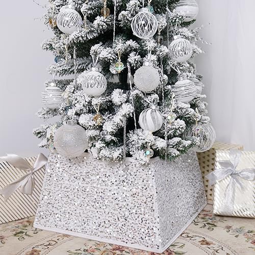 White Christmas Tree Collars for Atificial Trees, 24 Inch Sparkling Sequins Christmas Skirt, Base Cover,Holiday Home Decor Ring(Medium) by SunshineDecor