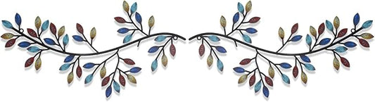 Hotop 2 Pieces Metal Tree Leaf Wall Decor Vine Olive Branch Leaf Wall Art Wrought Iron Scroll Sculptures Above the Bed, Living Room, Outdoor Decoration(Classic Style,Bright Color)