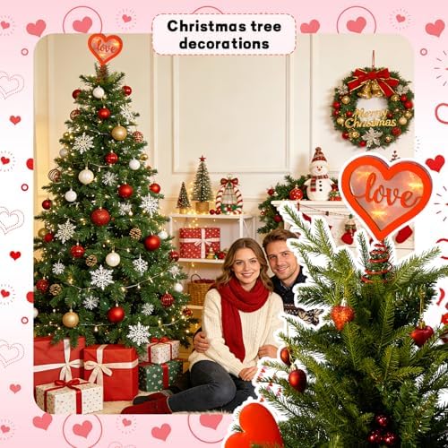 Fangoo 7.8 x 6 Inches Red Wooden Heart Tree Topper for Valentine's Day Decoration with Led Light Romantic Wooden Love Tree Toppers Ornaments for Party Decoration Wedding Home Decor Couple Gifts - Image 6